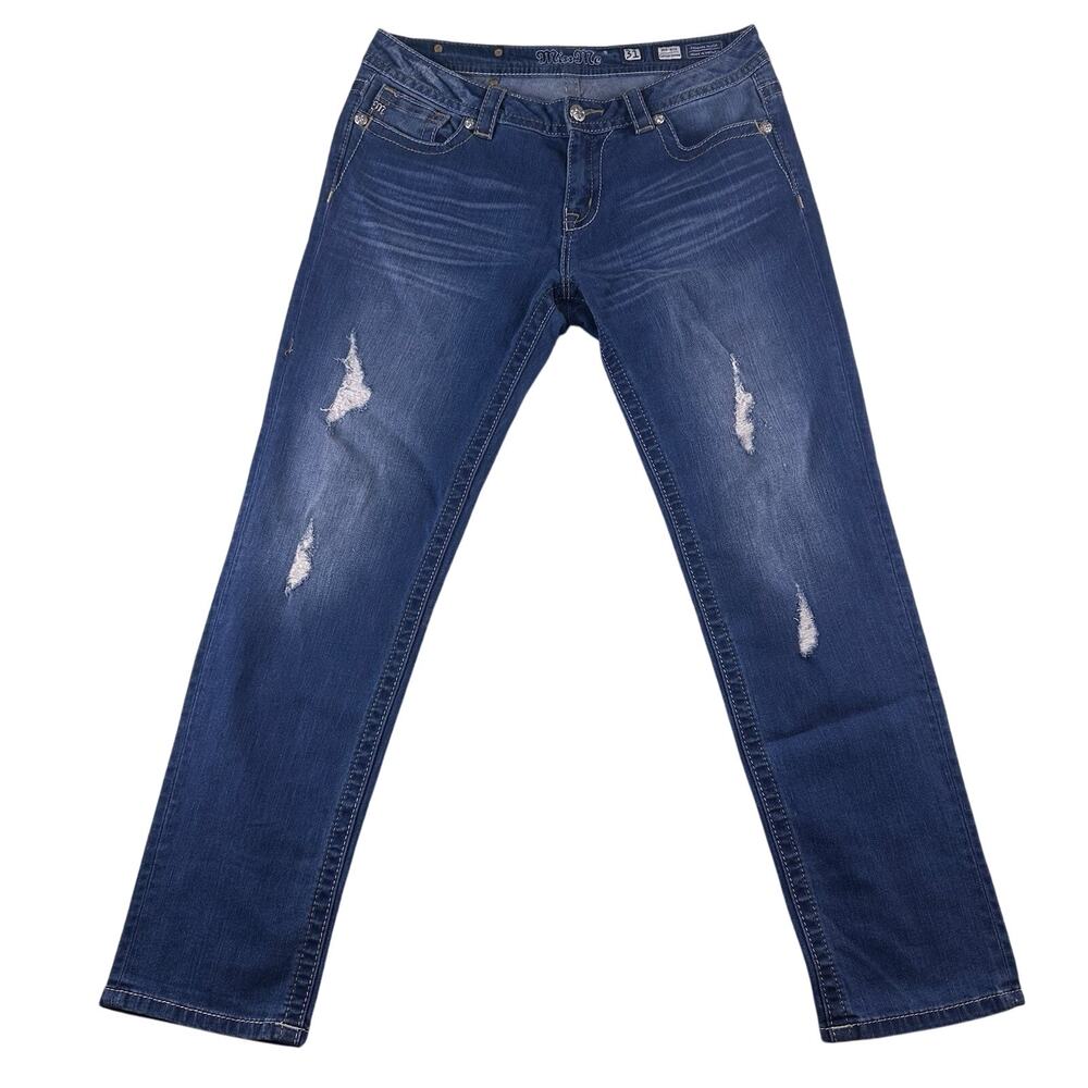 MISS ME Denim Women's Embellished Distressed Mid Rise Cuffed Skinny Jeans 31